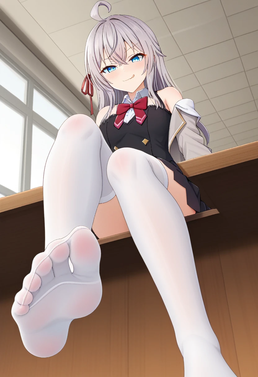 source_anime, 1girl, alya, grey hair, long hair, ahoge, hair ribbon, blue eyes, , bowtie, black skirt, white thighhighs, sitting, on table, foot focus, naughty face, licking lips, looking at viewer, from below, classroom, off the shoulder attitude, 