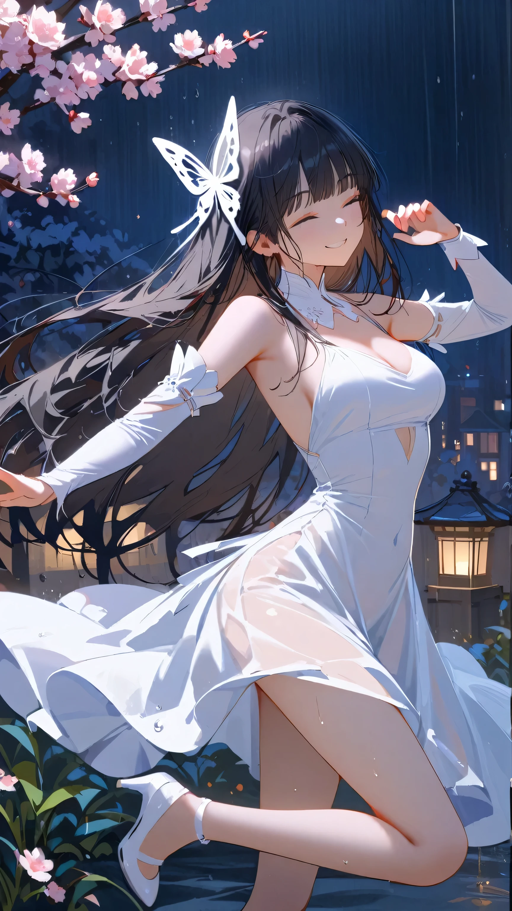 (masterpiece, best quality:1.2, absurdres),(1girl,solo, long hair,hime cut,black hair, close eyes, white dress, sleeveless dress,smile, detached sleeves, detached collar, white gloves,white high heels, butterfly hair ornaments),(cherry blossoms, night, garden, raining, wet dress, dancing, whole body),  from front 