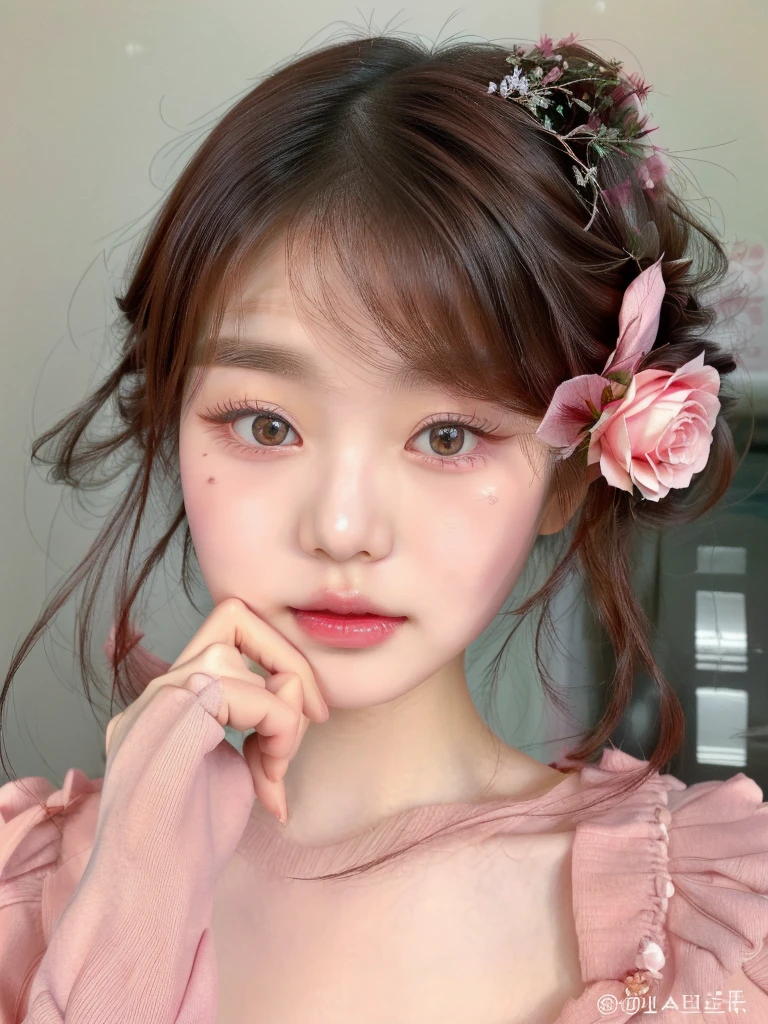 puffy asian woman with a rose flower in her hair, popular south Korean makeup, popular korean makeup, ulzzang, cute natural anime face, kawaii realistic portrait, beautiful face of japanese girls, Soft makeup, young lovely korean face, Sakimichan, cute face girl, beautiful aesthetic face, cute kawaii girl, lindo rosto delicado