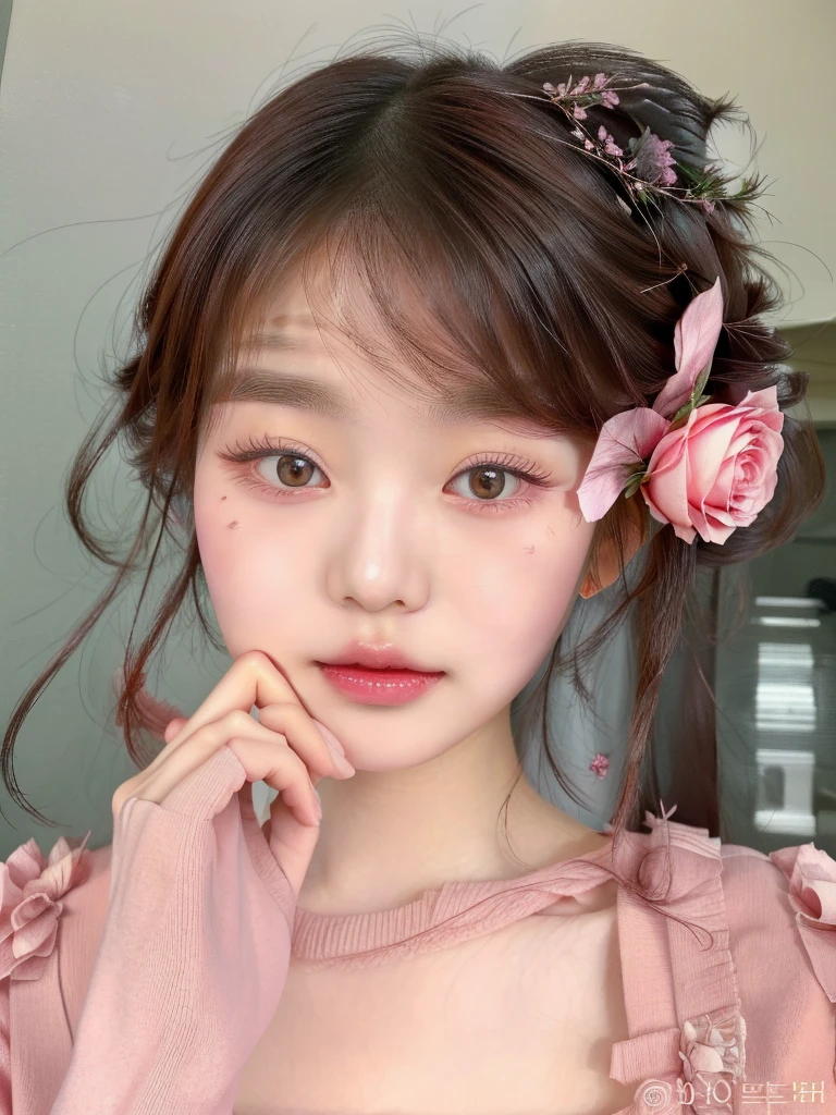 puffy asian woman with a rose flower in her hair, popular south Korean makeup, popular korean makeup, ulzzang, cute natural anime face, kawaii realistic portrait, beautiful face of japanese girls, Soft makeup, young lovely korean face, Sakimichan, cute face girl, beautiful aesthetic face, cute kawaii girl, lindo rosto delicado