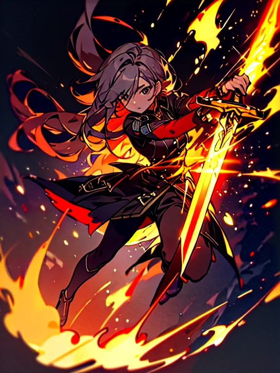 e7 LHC, burgundy eyes, attacking with a fire sword, flames on sword, dynamic ahot, action shot, full body,
(masterpiece),  best quality, highres, 4k, 8k, Detailed Illustration, intricate detail, cinematic lighting, amazing quality, 1girl, fit female, amazing shading, soft lighting, facing camera, perfect eyes