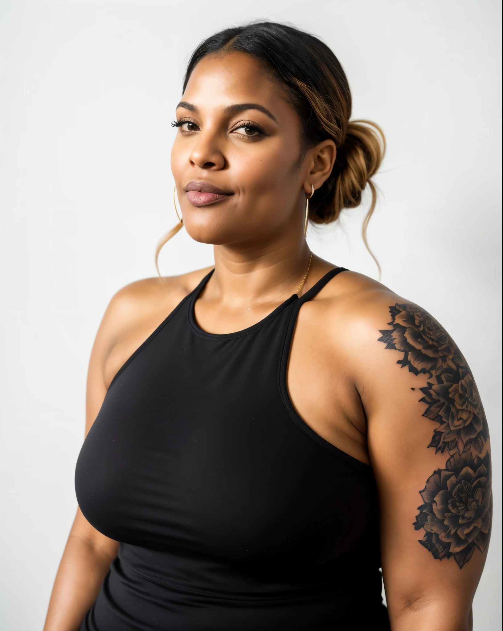 there is a woman with a tattoo on her arm and a black top, 50-year-old woman from cuba,  looks like Drew Barrymore, she is wearing a black tank top, malika favre, photo of a black woman, a portrait of a plump woman, tight black tanktop, full face and body portrait, bulky figure, half body portrait of juliana and A man with a beard on face hold this womans chest  