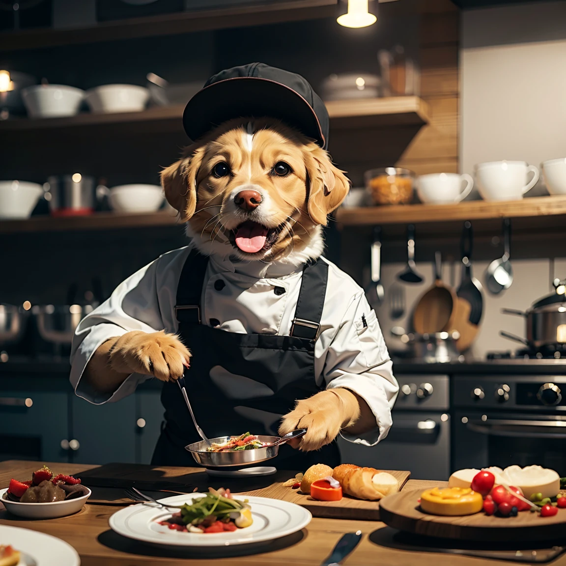 (Highest quality, masterpiece:1.2),pressure,Restaurant kitchen、Golden retriever dressed as a chef