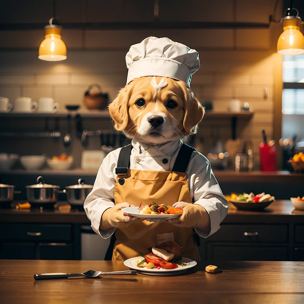 (Highest quality, masterpiece:1.2),pressure,Restaurant kitchen、Golden retriever dressed as a chef