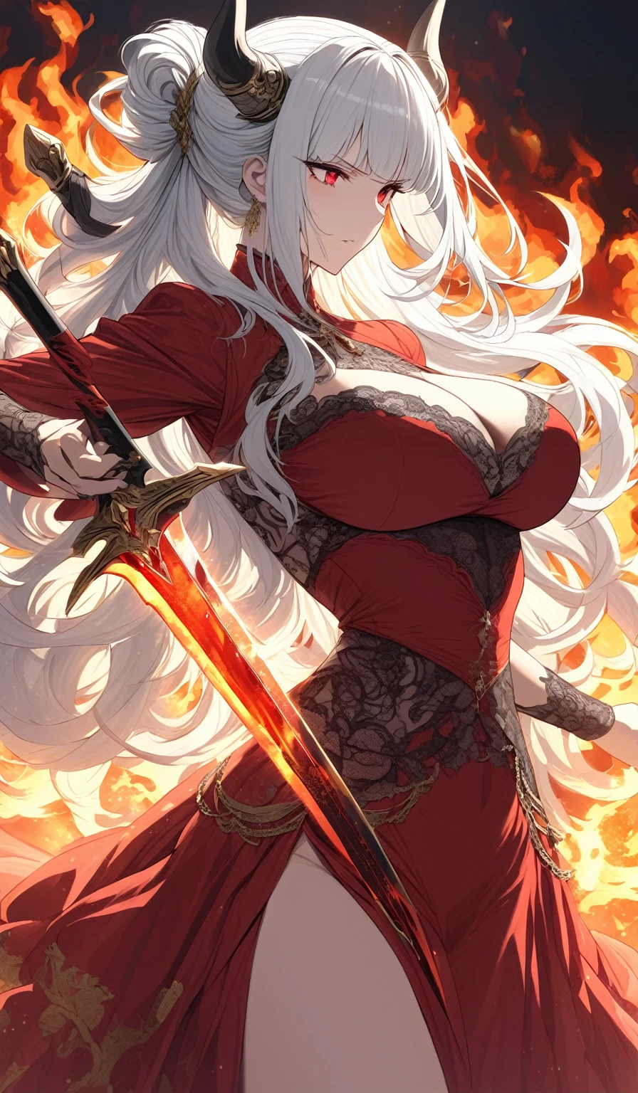 A masterpiece, very detailed, ultra detailed, one, (1 woman), athletic body, six press packs, she is in a ballroom lace red dress with bright gold details, with a fiery sword in her hand and in a standing and fighting position, super mature, tall, milf-style, mature mother, long hair, bright white hair and wild bangs and tied hair, white demonic horns, beautiful, charming, bright blood-red eyes, elegant, large breasts, neutral face, calm face, charming, against the background of fire, flame and lava.