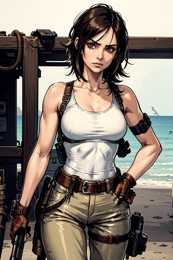 a military woman, well trained body, white sleeveless t-shirt, Exposed collarbone, beige leather shelter, blue pants, two leather belts with gun pockets, dark brown hair, carving, Brown eyes, hazel left eye, left eye with a scar, beach shore, at daytime, getting off a water boat, threatening expression looking at viewer, sparkling beach, palm trees around, In a post-apocalyptic environment, post - apocalyptic cowgirl, Post - Apocalyptic style, Post apocalyptic clothing, pose, post-apocalyptic, Postapocalyptic style, post apocalyptic grunge, Post - Apocalyptic Scavenger. (Ultra quality) 8k quality, detailed, perfect light, perfect angle, perfect sharpness.