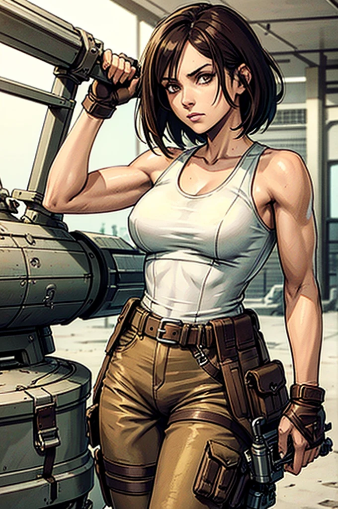 a military woman, well trained body, white sleeveless t-shirt, Exposed collarbone, beige leather shelter, blue pants, two leather belts with gun pockets, dark brown hair, carving, Brown eyes, hazel left eye, left eye with a scar, beach shore, at daytime, getting off a water boat, threatening expression looking at viewer, sparkling beach, palm trees around, In a post-apocalyptic environment, post - apocalyptic cowgirl, Post - Apocalyptic style, Post apocalyptic clothing, pose, post-apocalyptic, Postapocalyptic style, post apocalyptic grunge, Post - Apocalyptic Scavenger. (Ultra quality) 8k quality, detailed, perfect light, perfect angle, perfect sharpness.