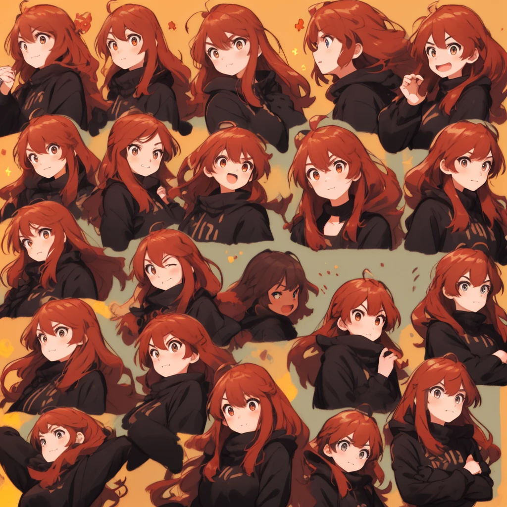 1 Cute Girl, ((red hair)), long hair, ((eyes red and gold)), 9 tables，9 poses and expressions，Different emotions