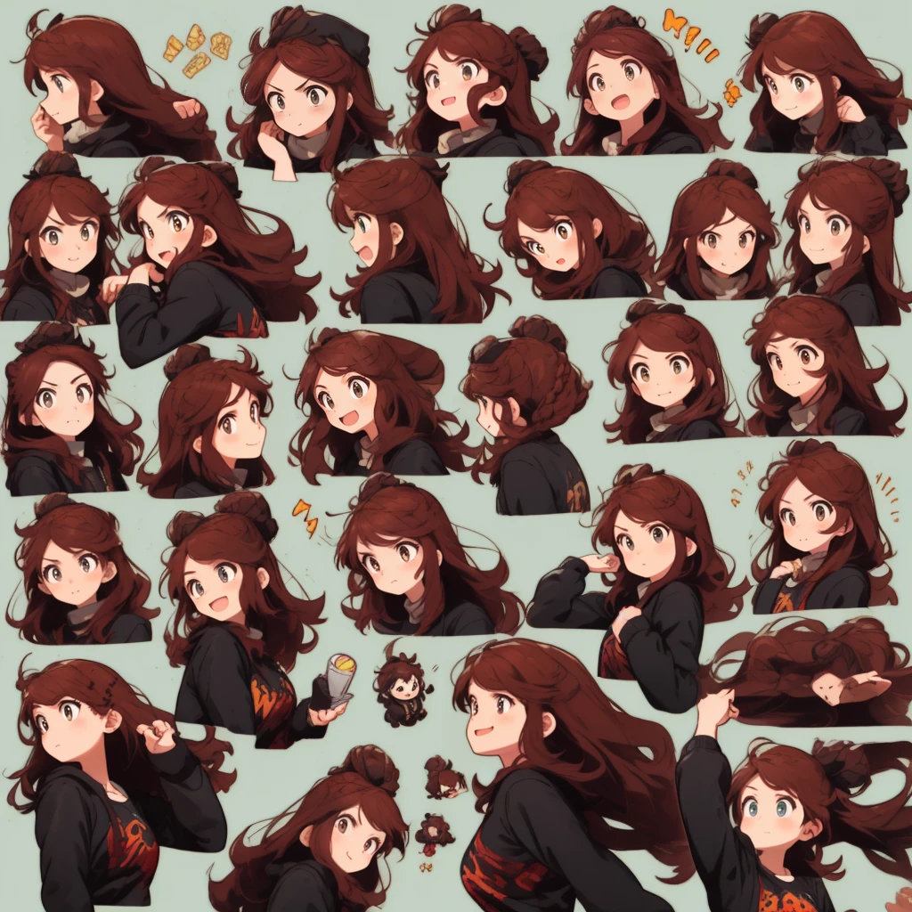 1 Cute Girl, ((red hair)), long hair, ((eyes red and gold)), 9 tables，9 poses and expressions，Different emotions