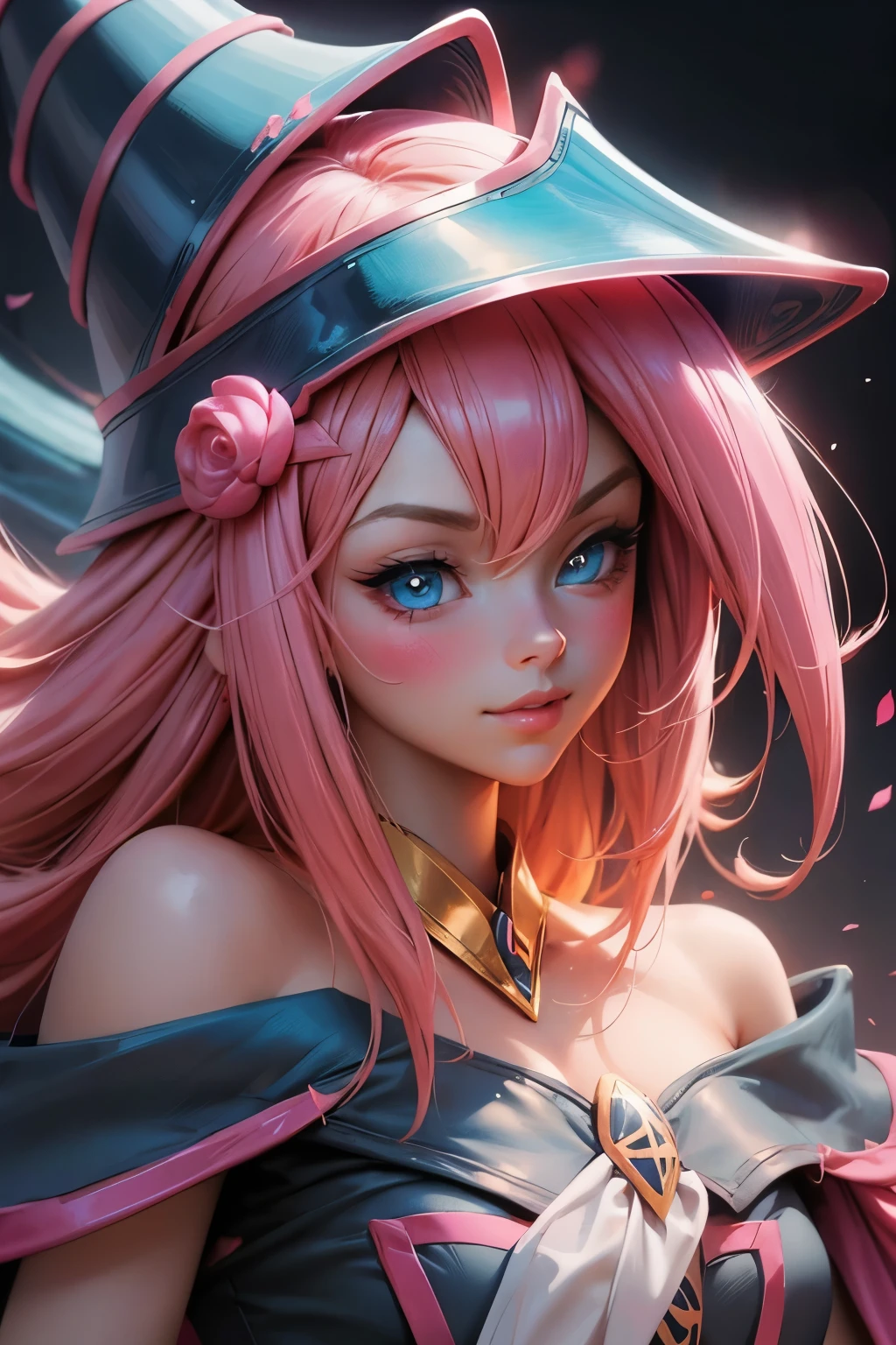 Beautiful face of dark magician gils, blue eyes. pink lips. Long blonde hair. exposed shoulders, angelic smile, beautiful well detailed face of dark magician gils. blowing a kiss. sexy kiss