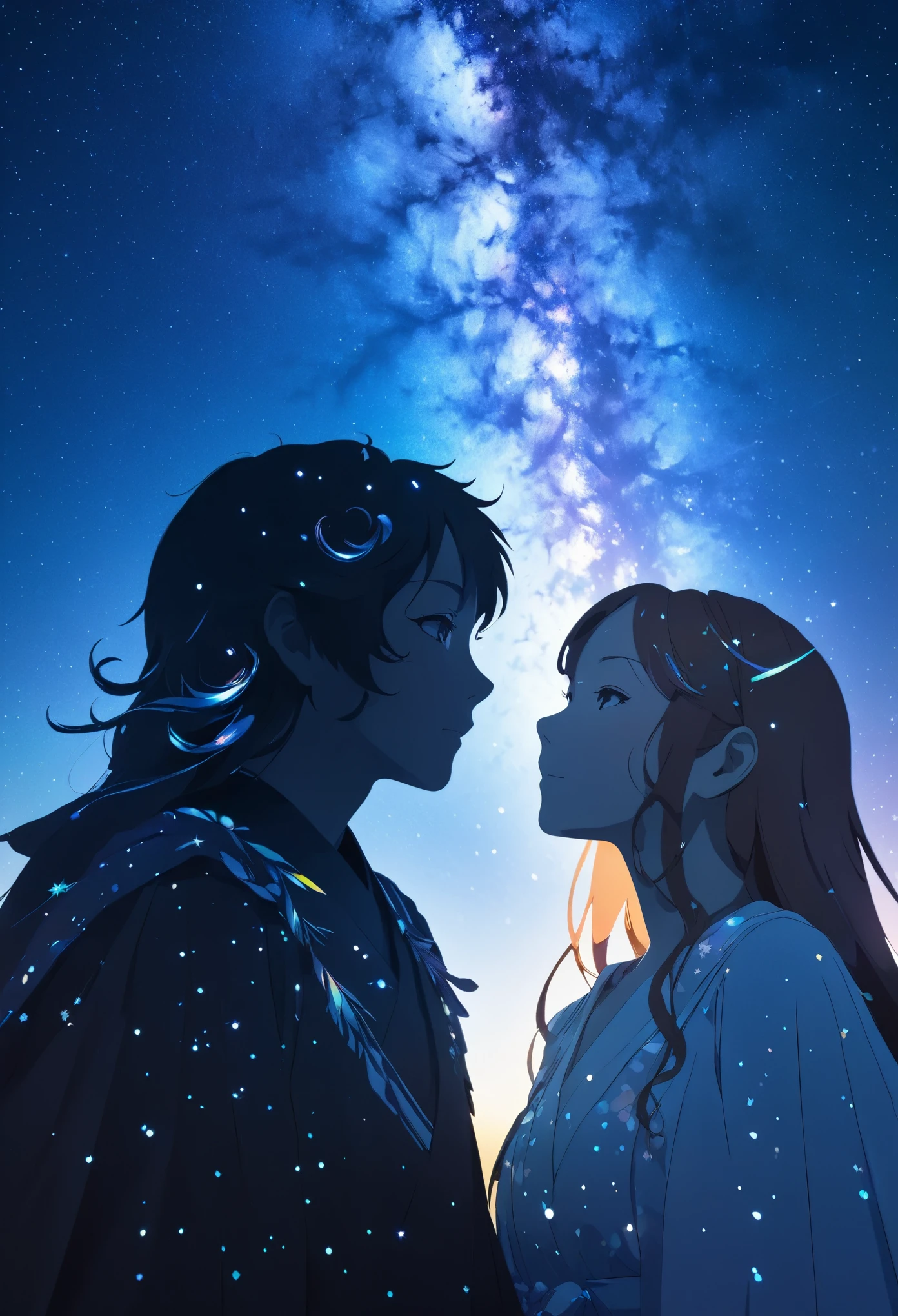  mate piece, silhouette, Milky Way, Orihime's, close-up, profile, monotony, moon, double exposure, Milky Way, (((tanabata))), Tanabata decoration, depth of field, (holographic glow effect), from below, low angle shot, masterpiece,