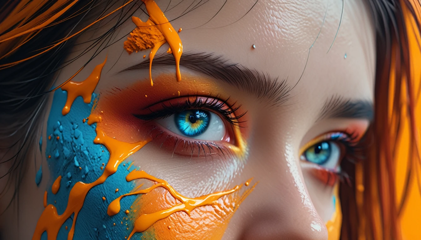 a woman with light blue eyes and orange paint on her face, white skin, scary color art in 4k, 4k color photography portrait, color war, intense colors, 8k artistic portrait photography, cyberpunk colors, fantasy and cosmic horror movie, cinematic colors, predatory eyes, hyper realistic, 8K, photorealistic, extreme detail, ( best quality, 4k, 8k, high resolution, masterpiece: 1.5), ultra detailed, (realistic, photorealistic, photo-realistic: 1.5)