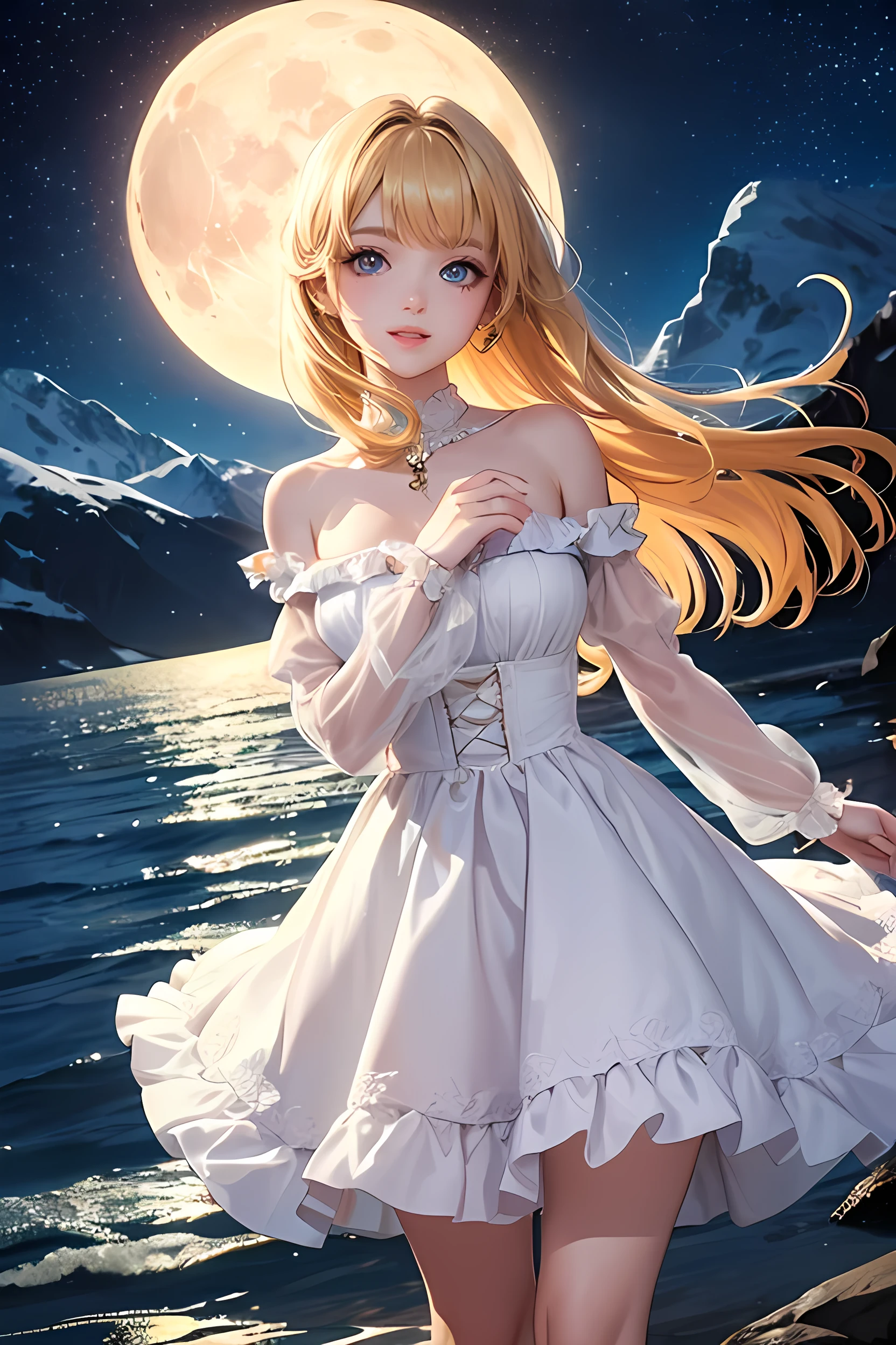 (Highest quality、Highest quality、Masterpiece、Very delicate、Very detailed、Exquisite、16K、Full HD)、1 female、(Pink Gothic Lolita Mini Skirt Dress、Décolleté dress、gem、Frill mini skirt dress、Skirt in the wind、White frills)、Perfect body line、Glowing Skin、(Groomed eyebrows、Pink Lips、Blue Eyes、Detailed eyes、A cheerful look、Mole under the mouth)、(Golden Hair、Medium Hair、Shoulder-length hair、Shiny Hair)、Dynamic Pose、Dramatic lighting、(Mountain、moon、water、Starry Sky)