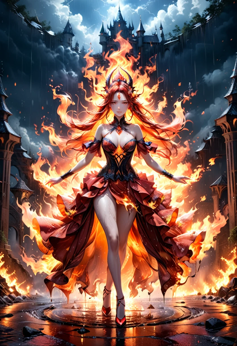 a sorceress of fire making fire dance in a the (storm of rain: 1.3), a most exquisite beautiful sorceress, controlling fire manipulating fire, a woman, dynamic hair color, dynamic hair style, (most beautiful face: 1.3), (ultra detailed face: 1.2), wet hair, wet face, dynamic eyes color, full body shot, wearing dress made of fire, wearing intricate high heels, light make up, dancing in courtyard of a fantasy castle background, ((heavy rain drops: 1.1)), clouds in the sky, (anatomically correct: 1.4), (full body shot: 1.1) , vibrant, Ultra-high resolution, High Contrast, (masterpiece:1.5), highest quality, Best aesthetics), best details, best quality, highres, ultra wide angle, 16k, [ultra detailed], masterpiece, best quality, (extremely detailed), faize