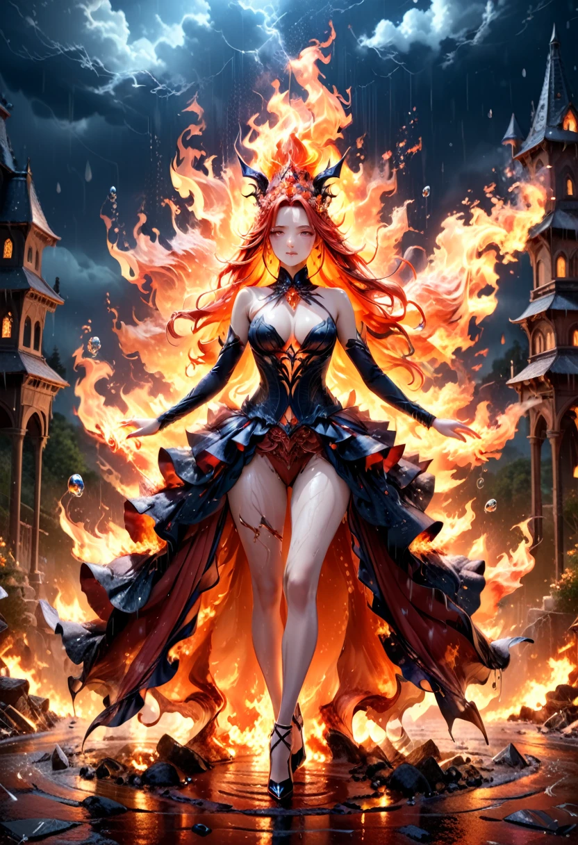 a sorceress of fire making fire dance in a the (storm of rain: 1.3), a most exquisite beautiful sorceress, controlling fire manipulating fire, a woman, dynamic hair color, dynamic hair style, (most beautiful face: 1.3), (ultra detailed face: 1.2), wet hair, wet face, dynamic eyes color, full body shot, wearing dress made of fire, wearing intricate high heels, light make up, dancing in courtyard of a fantasy castle background, ((heavy rain drops: 1.1)), clouds in the sky, (anatomically correct: 1.4), (full body shot: 1.1) , vibrant, Ultra-high resolution, High Contrast, (masterpiece:1.5), highest quality, Best aesthetics), best details, best quality, highres, ultra wide angle, 16k, [ultra detailed], masterpiece, best quality, (extremely detailed), faize