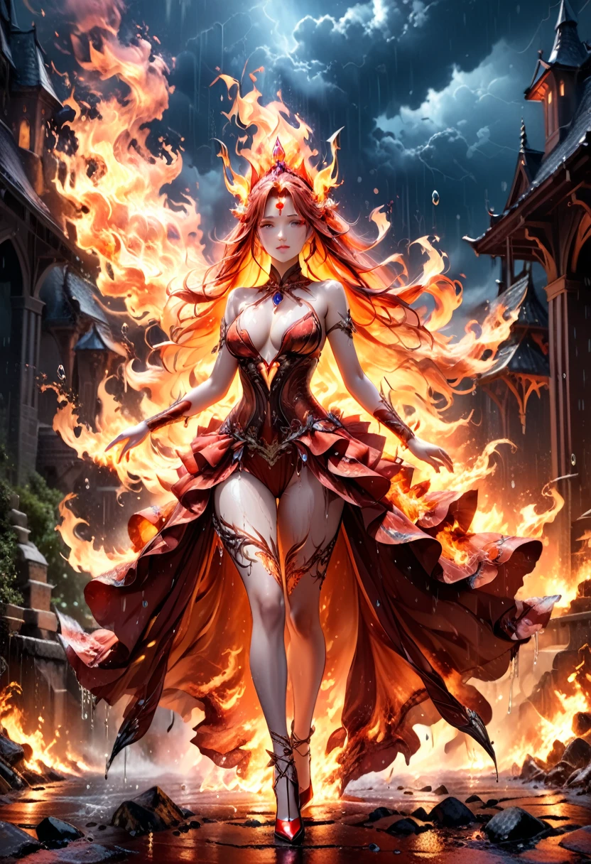 a sorceress of fire making fire dance in a the (storm of rain: 1.3), a most exquisite beautiful sorceress, controlling fire manipulating fire, a woman, dynamic hair color, dynamic hair style, (most beautiful face: 1.3), (ultra detailed face: 1.2), wet hair, wet face, dynamic eyes color, full body shot, wearing dress made of fire, wearing intricate high heels, light make up, dancing in courtyard of a fantasy castle background, ((heavy rain drops: 1.1)), clouds in the sky, (anatomically correct: 1.4), (full body shot: 1.1) , vibrant, Ultra-high resolution, High Contrast, (masterpiece:1.5), highest quality, Best aesthetics), best details, best quality, highres, ultra wide angle, 16k, [ultra detailed], masterpiece, best quality, (extremely detailed), faize