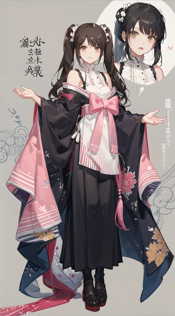 girl,full body,(detailed face:1.2), pure background,masterpiece, fashion,tokyo,harajuku,, medium hair, black hair, twintails, blunt bangs, brown eyes,