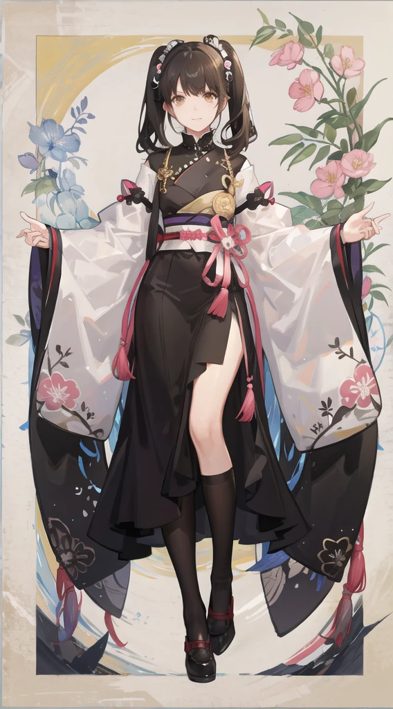 girl,full body,(detailed face:1.2), pure background,masterpiece, fashion,tokyo,harajuku,, medium hair, black hair, twintails, blunt bangs, brown eyes,