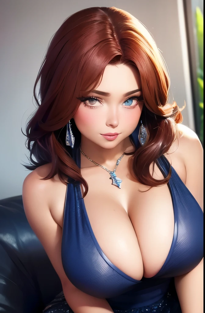 camera angle from underneath, thick auburn hair, crystal blue eyes, open mouth smile, aroused 25 years old, playfully aroused, dripping with desire, cleavage, low cut tanktop , skirt, slim waist, stretching, coy smile with open parted lips, (blushing:1.3), looking invitingly at the viewer, seductive eyes, facing the viewer, livingroom background, posing by the sofa, (pov), glowing eyes, necklace, earrings, nsfw,