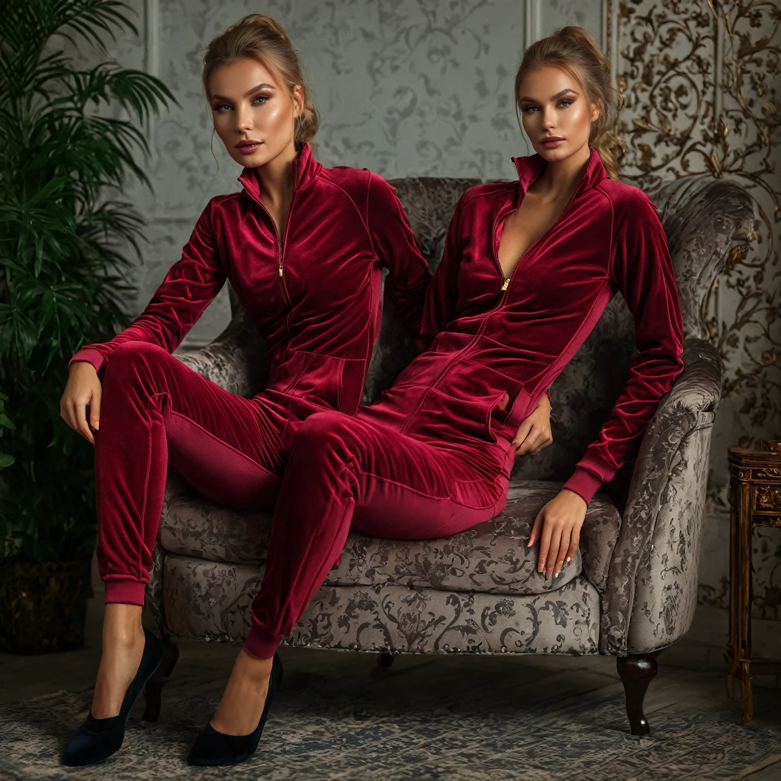 a pretty firm fit hearty healthy toned Russian wearing full zip up velour sport jump suit as a second skin sitting on armchair, 16K