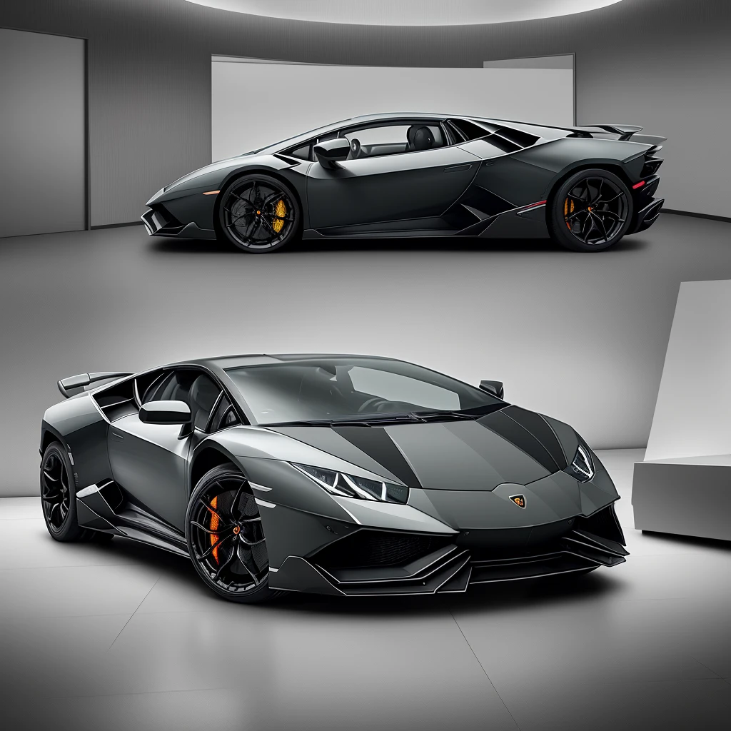 "Create a highly detailed image of a Lamborghini dealership. The scene should include a modern, stylish building with large glass windows and the Lamborghini logo prominently displayed. Inside, there should be a showroom with several Lamborghini models, such as the Huracán and Aventador, in various colors. The interior should have a sleek, luxurious design with polished floors, stylish lighting, and contemporary furniture. Outside, the dealership should have a clean, well-maintained parking area with a few Lamborghinis parked. The overall atmosphere should exude luxury, sophistication, and high performance."