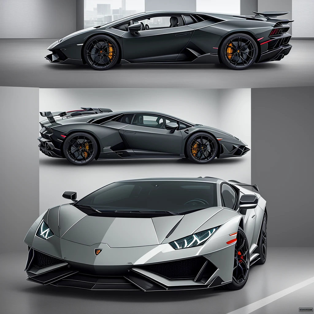 "Create a highly detailed image of a Lamborghini dealership. The scene should include a modern, stylish building with large glass windows and the Lamborghini logo prominently displayed. Inside, there should be a showroom with several Lamborghini models, such as the Huracán and Aventador, in various colors. The interior should have a sleek, luxurious design with polished floors, stylish lighting, and contemporary furniture. Outside, the dealership should have a clean, well-maintained parking area with a few Lamborghinis parked. The overall atmosphere should exude luxury, sophistication, and high performance."