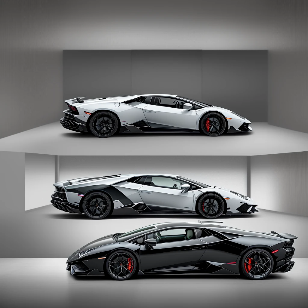 "Create a highly detailed image of a Lamborghini dealership. The scene should include a modern, stylish building with large glass windows and the Lamborghini logo prominently displayed. Inside, there should be a showroom with several Lamborghini models, such as the Huracán and Aventador, in various colors. The interior should have a sleek, luxurious design with polished floors, stylish lighting, and contemporary furniture. Outside, the dealership should have a clean, well-maintained parking area with a few Lamborghinis parked. The overall atmosphere should exude luxury, sophistication, and high performance."