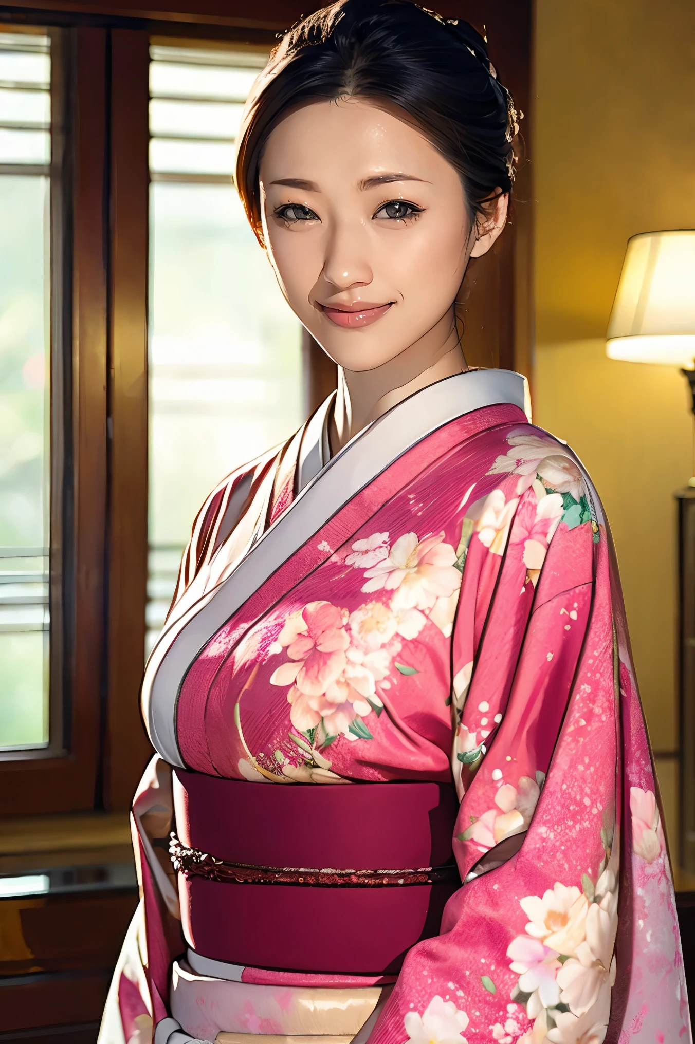 (Highest quality、Tabletop、Best image quality、Award-winning works)、 The proprietress of a beautiful inn、(Elegant floral kimono:1.3)、Perfect female portrait photography、Glowing Skin、Standing Elegantly、(Blurred elegant hotel background:1.3)、(The most romantic and moody:1.1)、(Tyndall effect:1.2)、Great cinema lighting、Glowing Skin、smile、(Large Breasts:1.1)、(Voluptuous body:1.1)、Accentuate your body lines、Upper body photo、Chignon、smile、standing elegantly、Elegant standing posture