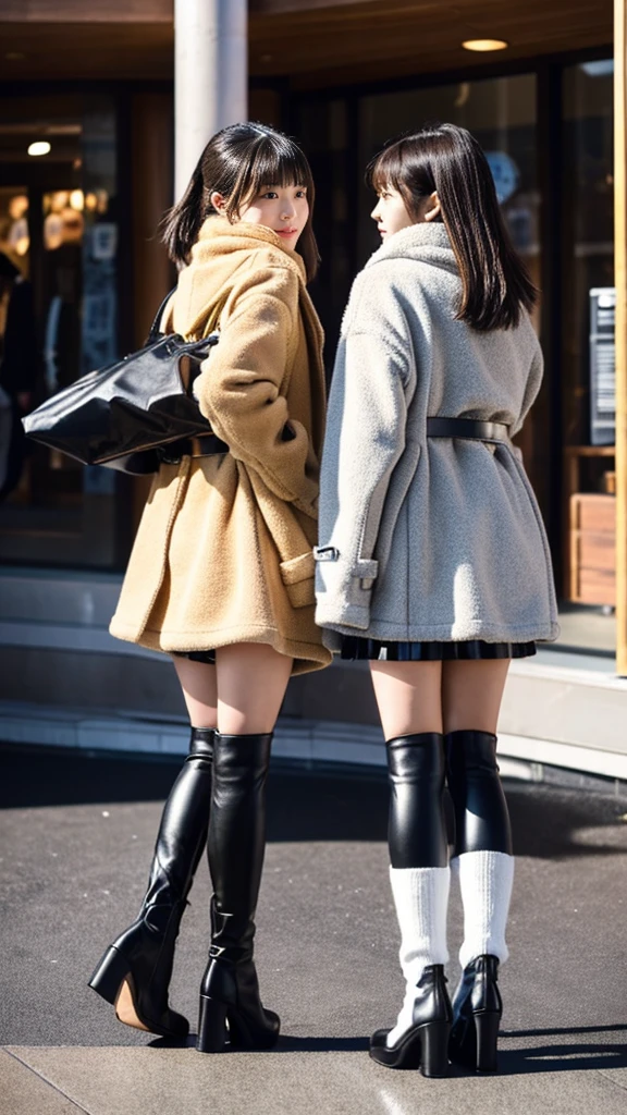 Posted on Snapchat、Two Japanese female students wearing duffle coats and shiny black leather gloves , Showing off your legs like a cute anime girl, Their backs were photographed passing each other at an outdoor shopping mall.。.