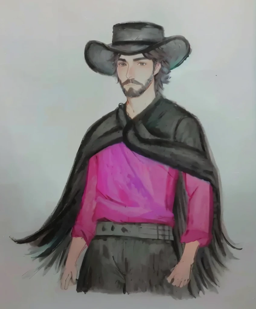 desenho de um nativo Gaucho, homem com red shirt, bomber pants, Gaucho, black poncho scarf, hat and beard,  red shirt, with your black hair, water colour, pastel art, colourful drawing, colored pencil drawing