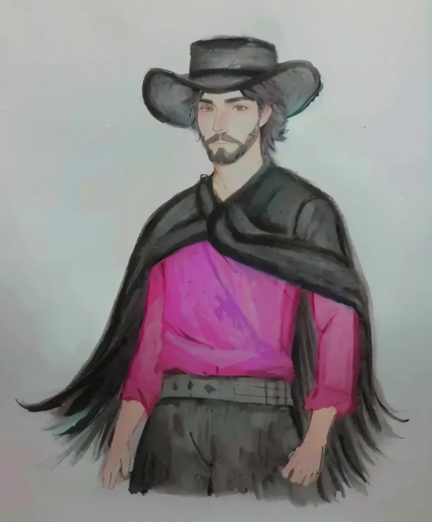 desenho de um nativo Gaucho, homem com red shirt, bomber pants, Gaucho, black poncho scarf, hat and beard, red shirt, with your black hair, water colour, pastel art, colourful drawing, colored pencil drawing
