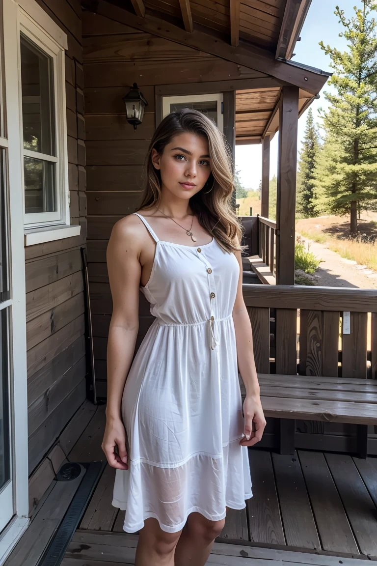 A beautiful woman with light gently filtering through her hair, her sundress is beautiful and she is standing in front of a cabin