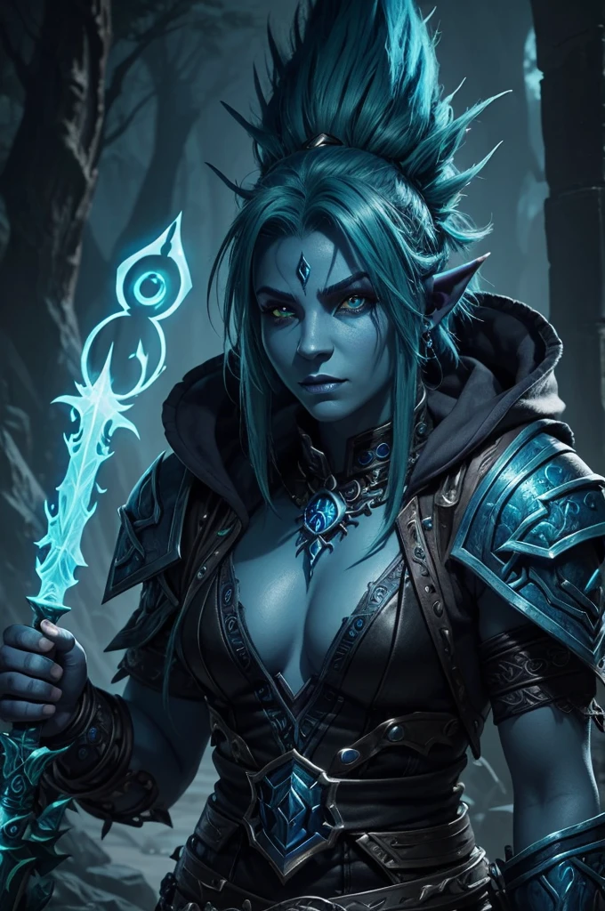 mage troll world of warcraft,blue-skinned troll character,green mohawk hair,glowing eyes,magical staff,fantasy character,detailed facial features,detailed textures,dramatic lighting,vibrant colors,dark moody atmosphere,intricate character design,epic fantasy scene,digital art,highly detailed,8k,photorealistic