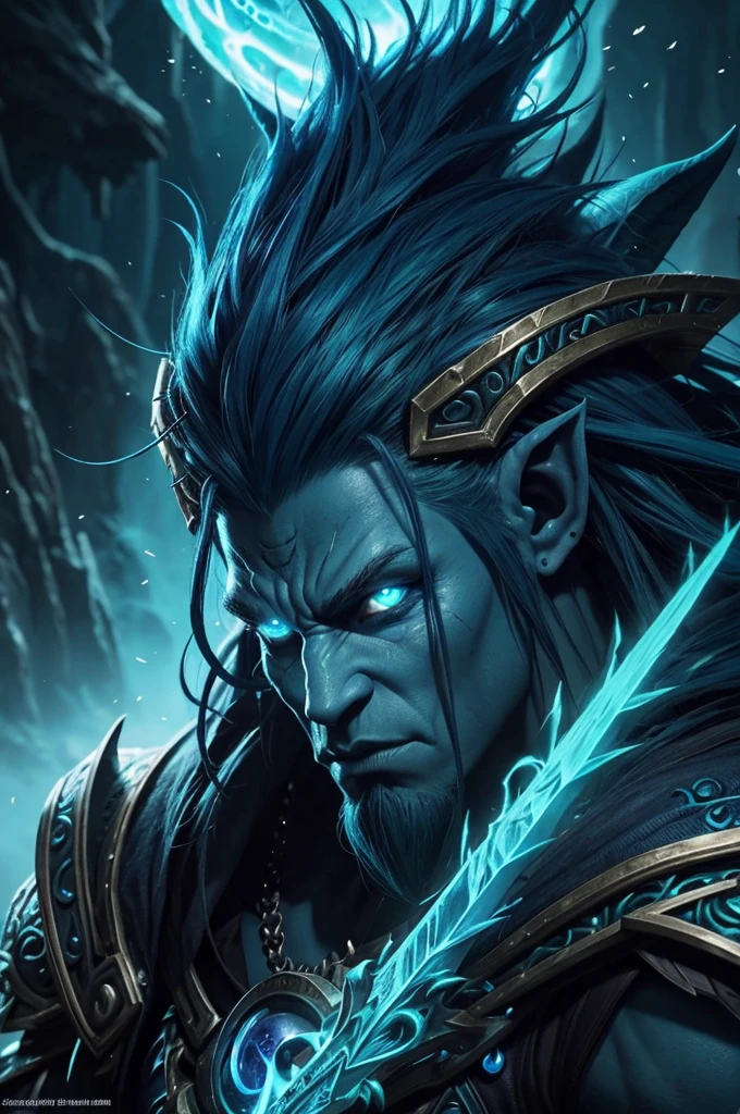 mage troll world of warcraft,blue-skinned troll character,green mohawk hair,glowing eyes,magical staff,fantasy character,detailed facial features,detailed textures,dramatic lighting,vibrant colors,dark moody atmosphere,intricate character design,epic fantasy scene,digital art,highly detailed,8k,photorealistic