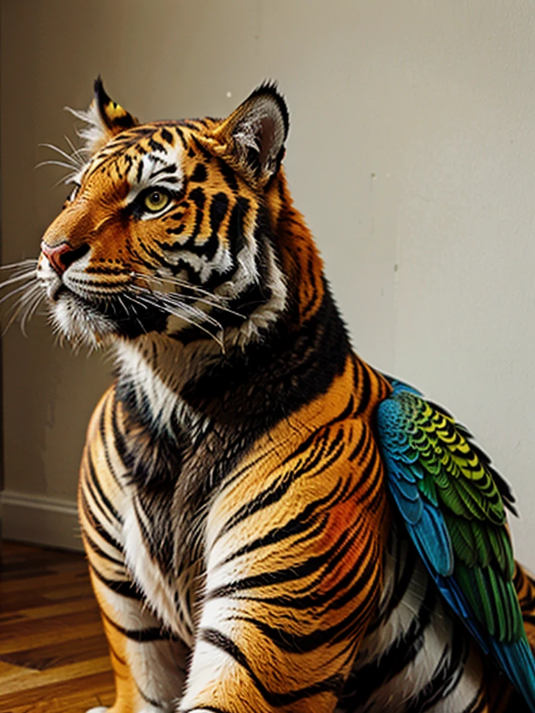 Half tiger and half parrot realistic 
