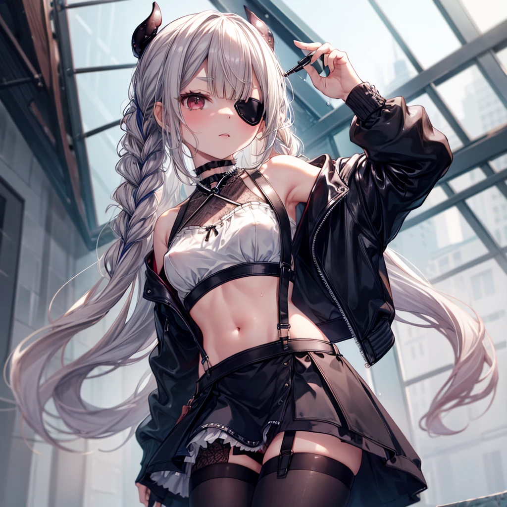 ((Highest quality)), ((masterpiece)), ((detailed)), (4K), (nsfw), 1girl, 独奏, (eyepatch), crop top, leather jacket, Torn miniskirt, suspender skirt, torn pantyhose, panties, panties under pantyhose, choker, bracelet, small breasts, erect nipples, (rain), ((wet)), see through, (expressionless), scowl, (from below), (looking down), looking at viewer, wasteland