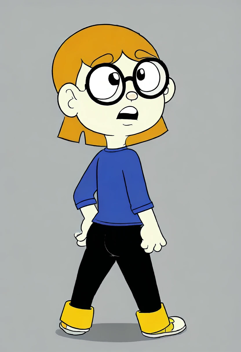 illymation, orange, hair, round black glasses, white skin, shortstack, blue shirt, black pants, short hair, back view, farting, yellow gas, butt, gassy, fart