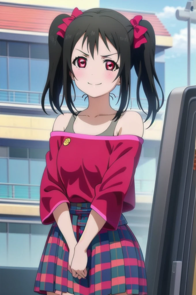 best quality, masterpiece ,portrait, close-up, yazawa nico, black hair, red eyes, short twintails, red bow, flat chest, red top, off shoulder, sports bra, training oufit, looking at viewer,smile, outdoors, rooftop,
