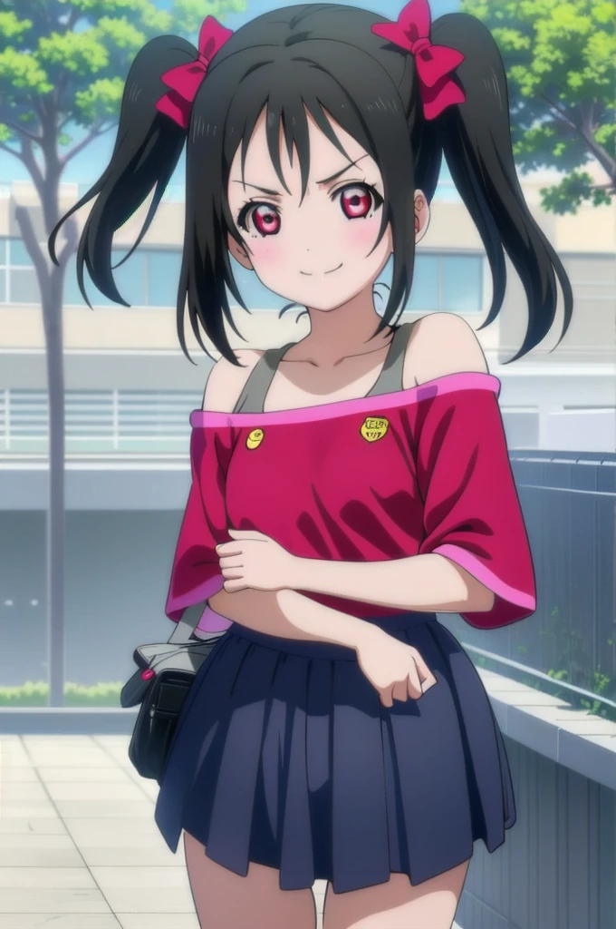 best quality, masterpiece ,portrait, close-up, yazawa nico, black hair, red eyes, short twintails, red bow, flat chest, red top, off shoulder, sports bra, training oufit, looking at viewer,smile, outdoors, rooftop,
