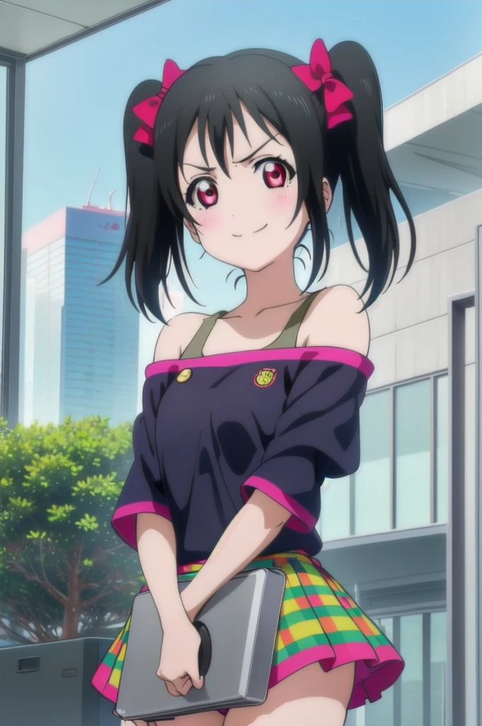 best quality, masterpiece ,portrait, close-up, yazawa nico, black hair, red eyes, short twintails, red bow, flat chest, red top, off shoulder, sports bra, training oufit, looking at viewer,smile, outdoors, rooftop,
