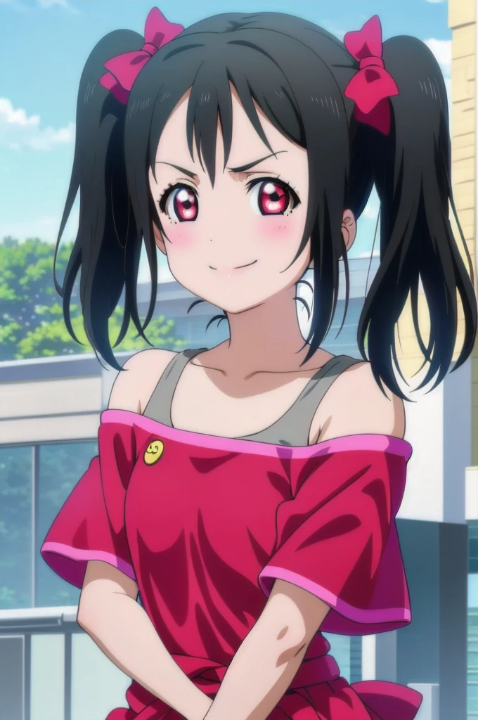 best quality, masterpiece ,portrait, close-up, yazawa nico, black hair, red eyes, short twintails, red bow, flat chest, red top, off shoulder, sports bra, training oufit, looking at viewer,smile, outdoors, rooftop,
