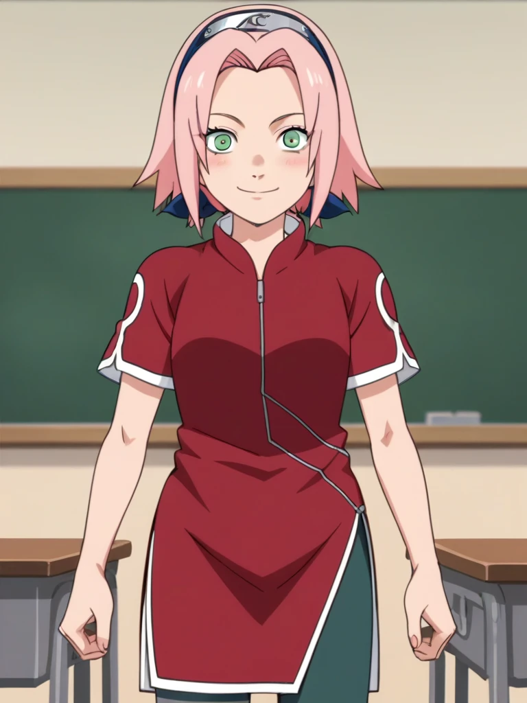 score_9, score_8_up,source_anime,
1girl, haruno sakura, pink hair, short hair, green eyes, red shirt, red qipao, short sleeves, bike shorts,
smile, blush, solo, looking at viewer, standing, cowboy shot, classroom background, anime screencap, anime coloring   