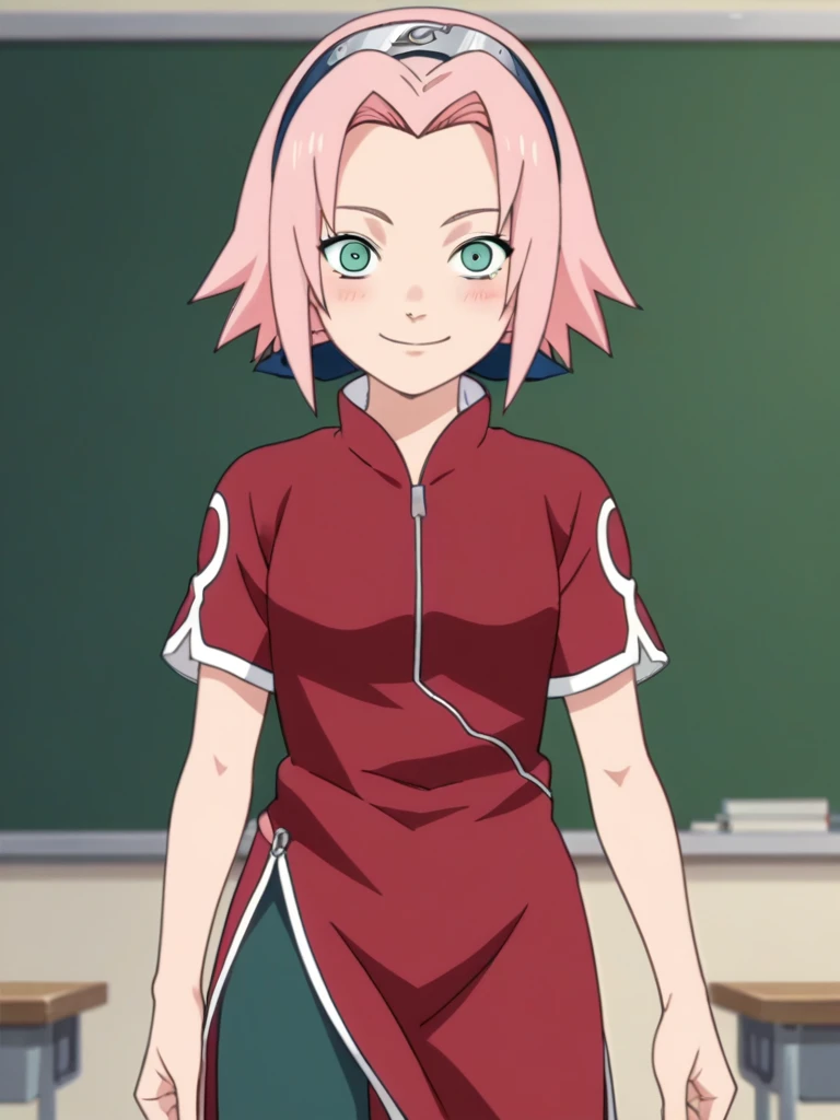 score_9, score_8_up,source_anime,
1girl, haruno sakura, pink hair, short hair, green eyes, red shirt, red qipao, short sleeves, bike shorts,
smile, blush, solo, looking at viewer, standing, cowboy shot, classroom background, anime screencap, anime coloring   