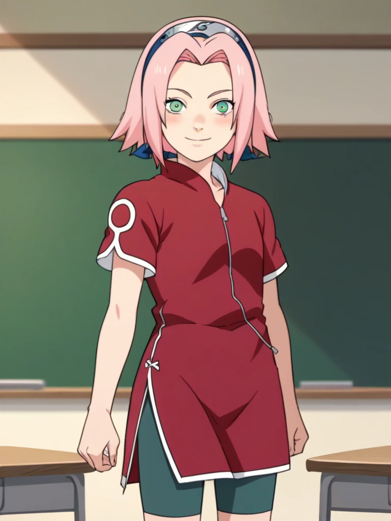 score_9, score_8_up,source_anime,
1girl, haruno sakura, pink hair, short hair, green eyes, red shirt, red qipao, short sleeves, bike shorts,
smile, blush, solo, looking at viewer, standing, cowboy shot, classroom background, anime screencap, anime coloring   