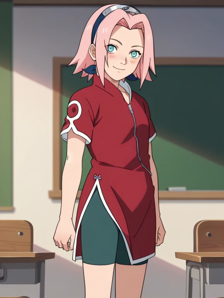 score_9, score_8_up,source_anime,
1girl, haruno sakura, pink hair, short hair, green eyes, red shirt, red qipao, short sleeves, bike shorts,
smile, blush, solo, looking at viewer, standing, cowboy shot, classroom background, anime screencap, anime coloring   