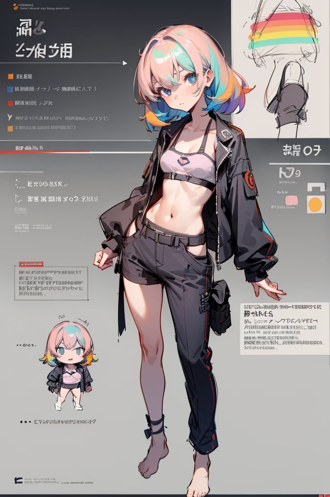 multiple views, pencil sketch, (sketch:1.25), (little girl,small breasts,), ((no shoes)), shy, best quality, graphite \\(medium\\), ske, gradient, rainbow, note, Line draft, highres, absurdres, (ultra-detailed:1.1), (illustration:1.1), (infographic:1.2), pajamas, (all clothes configuration:1.15), (solo), perfectly drawn hands, standing, cohesive background, paper, action, (character design:1.1), beltbra, corin, 1girl, drakskin, short hair, green hair, bandaid on leg,