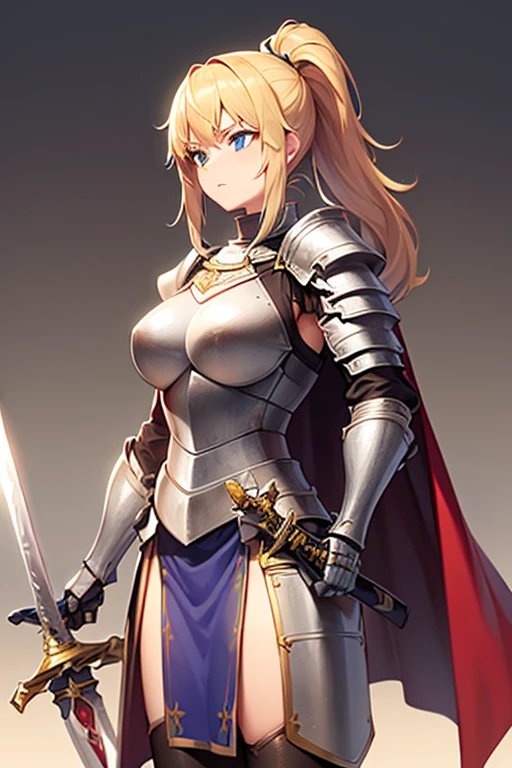 solo,masterpiece, extra limbs, 1lady, 25 years old, ((gold long high ponytail)), gold pubic hair, slant blue eyes, medium pointy breasts large areolas, muscle, serious, standing,(whith a Holy sword:1.5), (((clothed plate armor knight cape))),