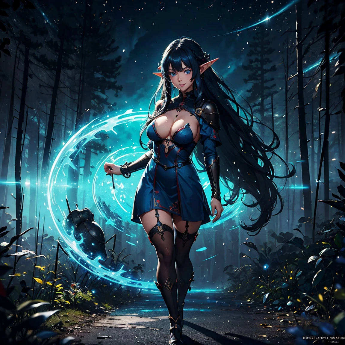 1girl, elf, (solo), long curly hair, dark blue hair, long pointed ears, big breasts, light blue eyes, small size, fair skin, perverted smile face, red cheeks, (Sexy dark blue dress), full body, (very lots of cum on sex), standing, (day), medieval town, forest behind, (very sexy body, detailed face, masterpiece, highly detailed, 8k, best quality, vibrant colors, digital art, concept art).