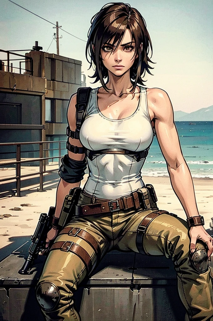 a military woman, well trained body, white sleeveless t-shirt, Exposed collarbone, beige leather shelter, blue pants, two leather belts with gun pockets, dark brown hair, carving, Brown eyes, hazel left eye, left eye with a scar, beach shore, at daytime, sitting in the sand, threatening expression looking at viewer, sparkling beach, palm trees around, In a post-apocalyptic environment, post - apocalyptic cowgirl, Post - Apocalyptic style, Post apocalyptic clothing, pose, post-apocalyptic, Postapocalyptic style, post apocalyptic grunge, Post - Apocalyptic Scavenger. (Ultra quality) 8k quality, detailed, perfect light, perfect angle, perfect sharpness.