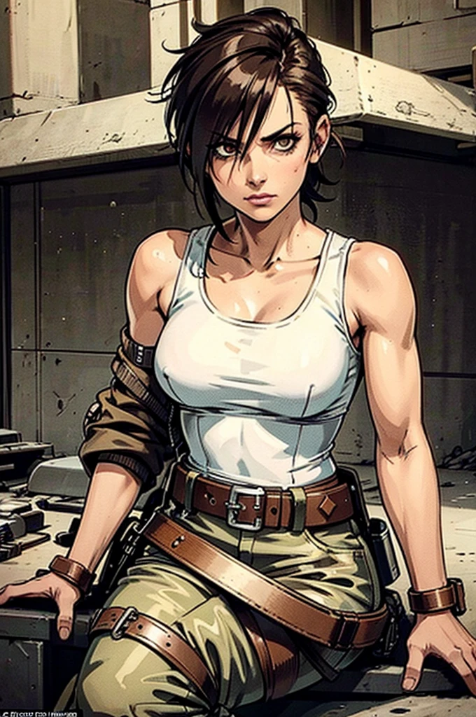 a military woman, well trained body, white sleeveless t-shirt, Exposed collarbone, beige leather shelter, blue pants, two leather belts with gun pockets, dark brown hair, carving, Brown eyes, hazel left eye, left eye with a scar, beach shore, at daytime, sitting in the sand, threatening expression looking at viewer, sparkling beach, palm trees around, In a post-apocalyptic environment, post - apocalyptic cowgirl, Post - Apocalyptic style, Post apocalyptic clothing, pose, post-apocalyptic, Postapocalyptic style, post apocalyptic grunge, Post - Apocalyptic Scavenger. (Ultra quality) 8k quality, detailed, perfect light, perfect angle, perfect sharpness.